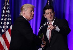 PHILADELPHIA, PA – JANUARY 26: U.S. President Donald Trump (L) shakes hands with Speaker of the House Rep. Paul Ryan (R-WI) (R) during a luncheon at the Congress of Tomorrow Republican Member Retreat January 26, 2017 in Philadelphia, Pennsylvania. Republican Congressional members gathered in Philadelphia to participate in the retreat. (Photo by Alex Wong/Getty Images)